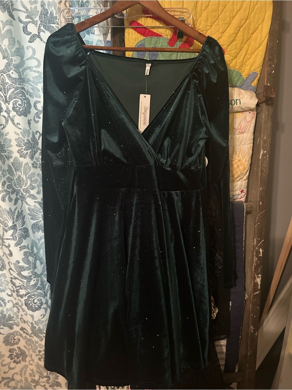 Velvet Wrap Long Sleeve Dress in Forest Green - Unbranded